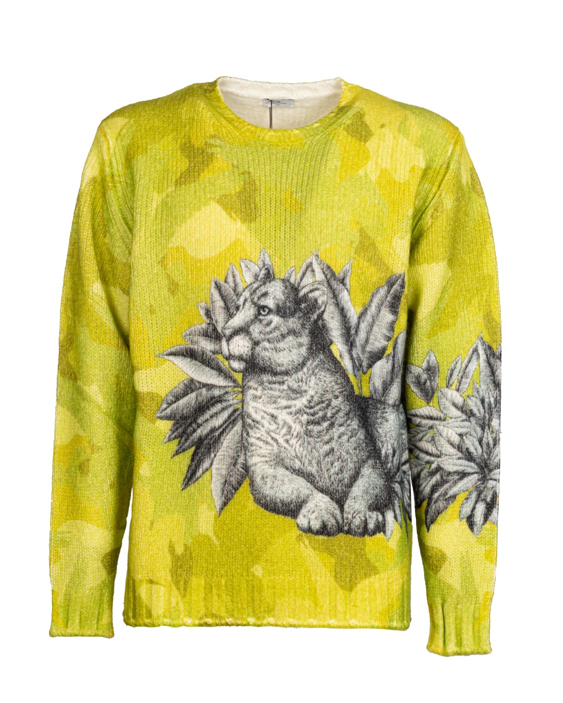 shop ETRO Saldi Pull: Etro maglia in misto lana vergine cardata Pegaflying, decorata da una stampa piazzata con foglie e felino.
Vestibilità over.
Scollo rotondo.
Fondo e polsini a costine.
Composizione: 86% lana vergine, 14% poliammide.
Made in Italy.. 1N824 9957-0700 number 980255